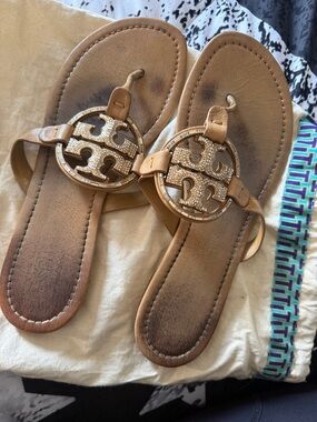 Tory Burch Tan Leather Thong Sandals with Gold Logo Medallions